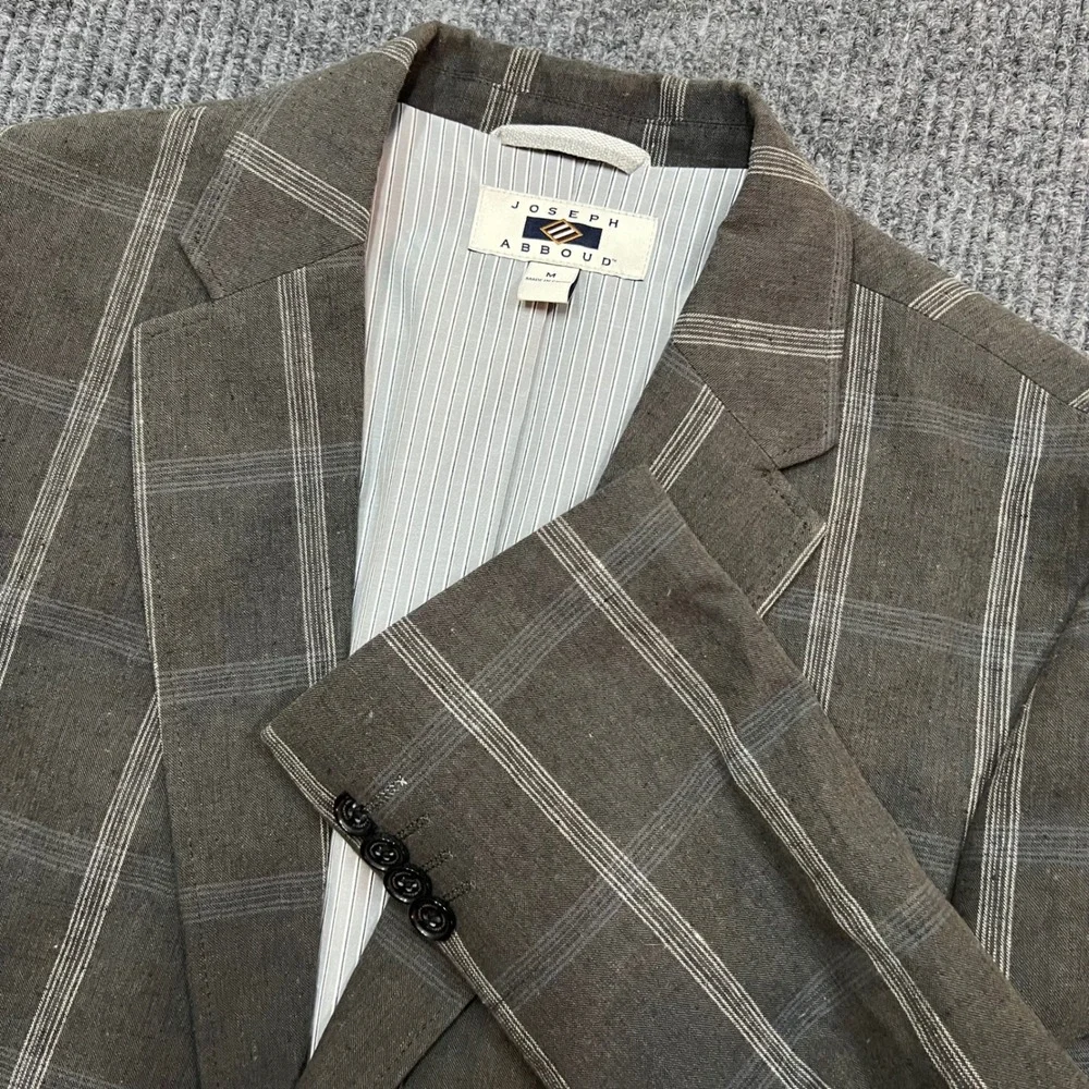 Joseph Abboud Mens Brown Windowpane Plaid Linen Blend Blazer Sport Coat medium